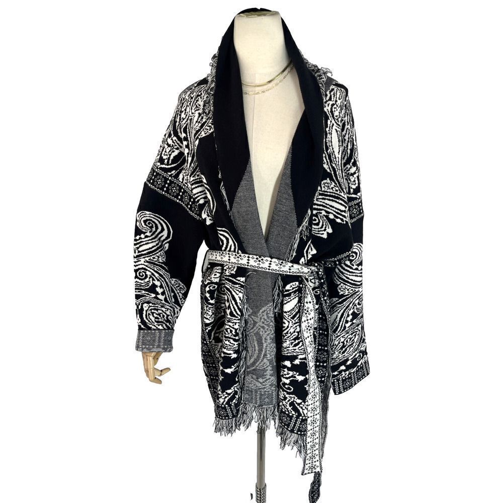 Sioni 2X Black White Belted Cardigan‎ Sweater Jacket NWOT